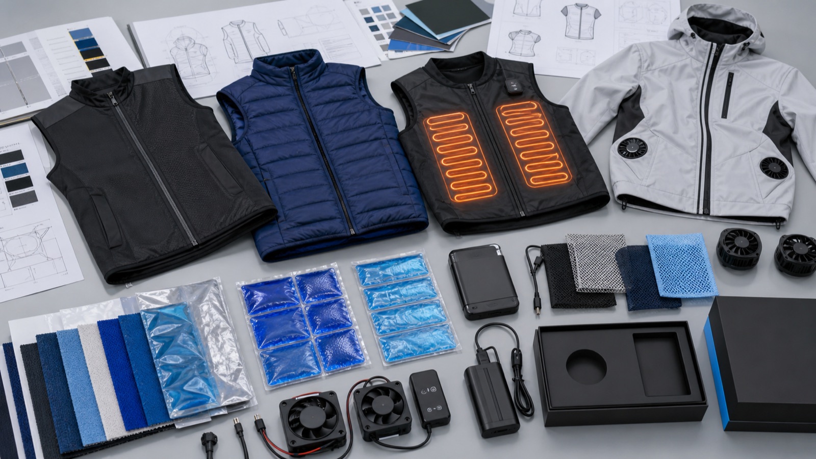 OEM cooling vest heated jacket and component flat lay